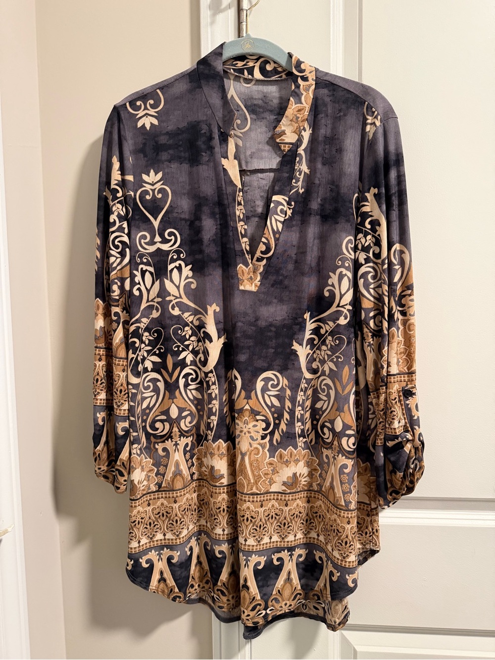 Boho Paisley Tunic Top in Black and Camel